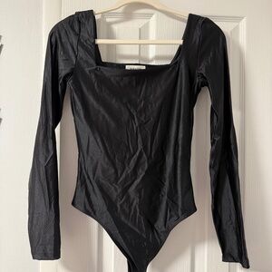 Black Babaton long sleeve square neck satin bodysuit #bodysuit